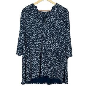 J. Jill Tunic Top Womens XL Navy Blue Floral 3/4 Sleeve Boho Grandmacore Cottage